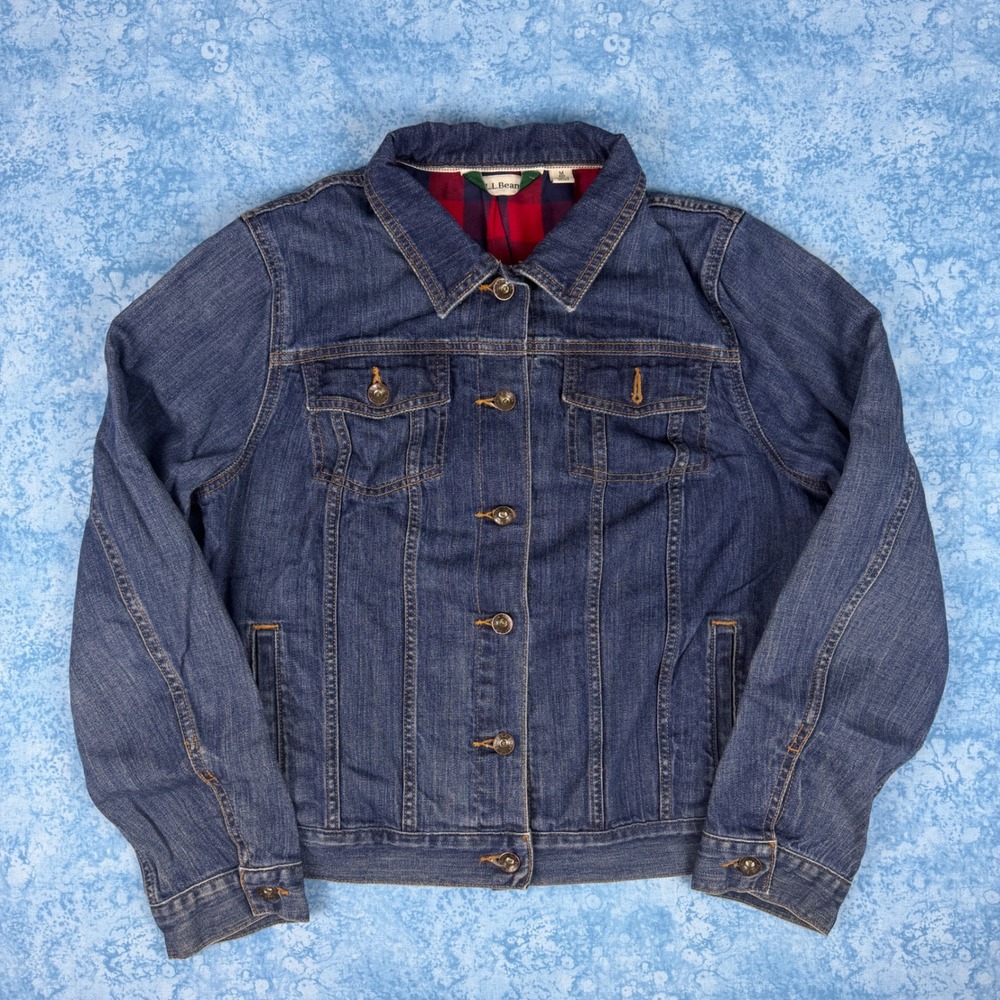 LL Bean Womens Flannel Lined Denim Trucker Jacket Blue Medium 500337